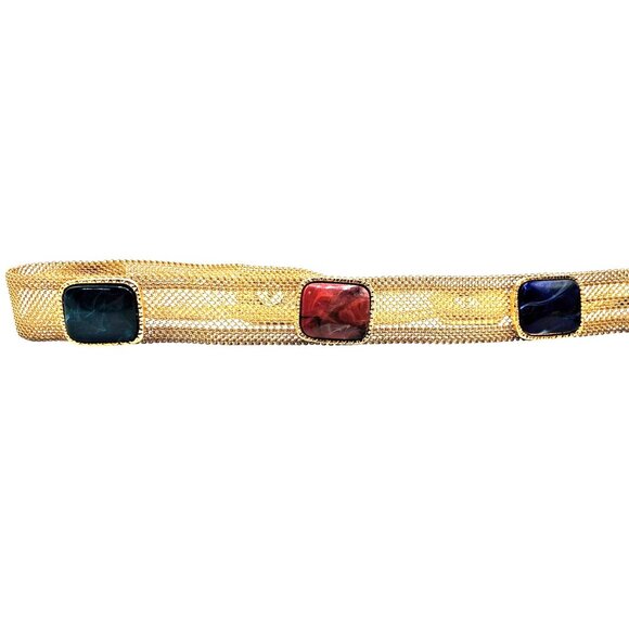 Vintage 1970s/80s Gold Mesh Statement Belt with Multicolor Poured Glass Cabochon